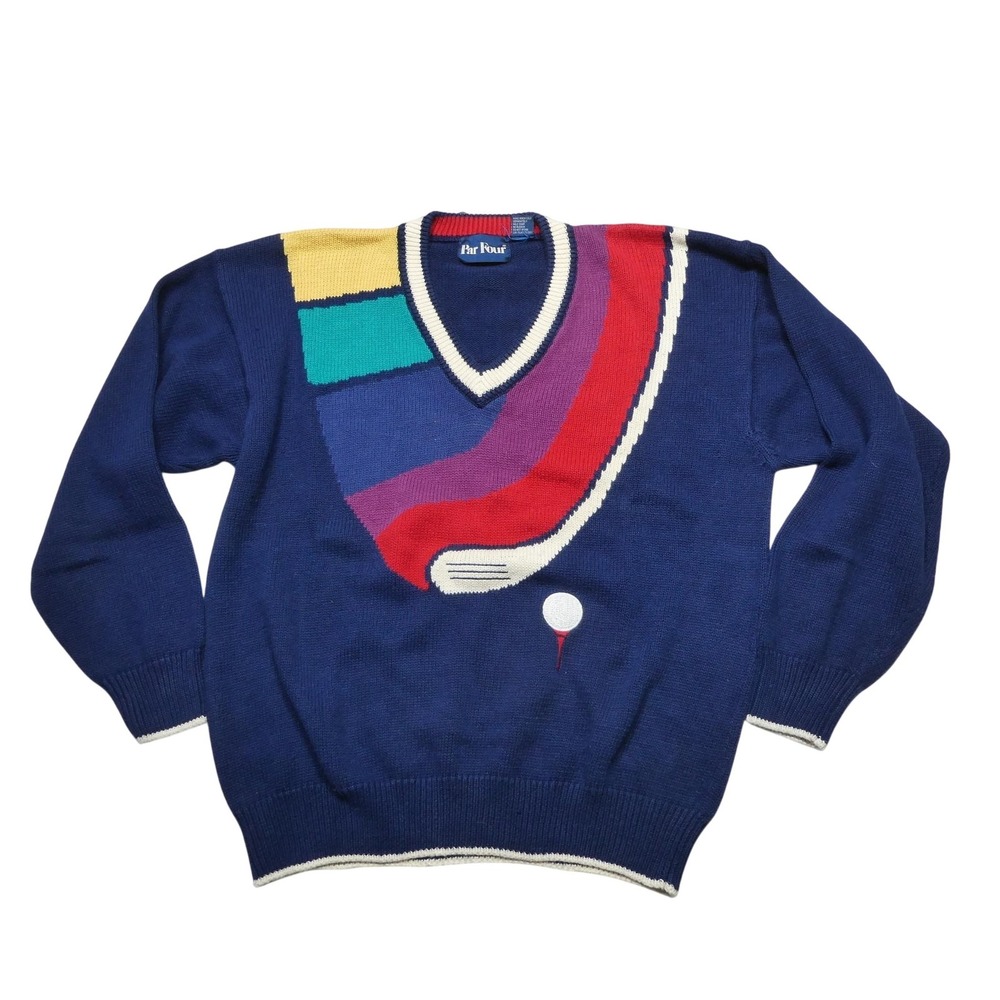Vintage Par Four Sweater Mens XL Blue Golf V Neck Knit Pullover Hong Kong